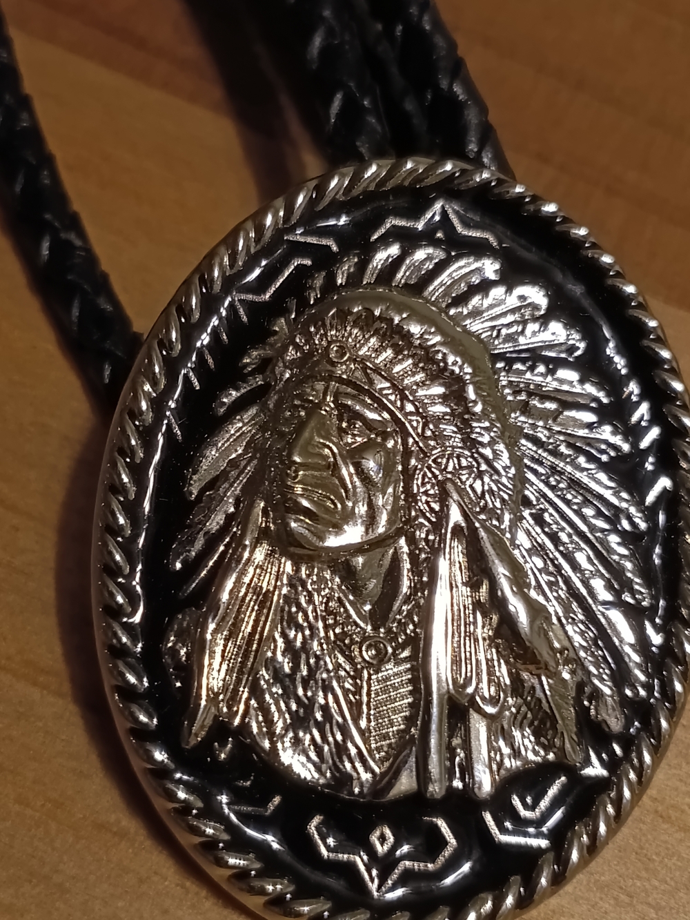 Western Bolo Tie with Silver Native Chief Medallion - Black - Picture 4 of 5